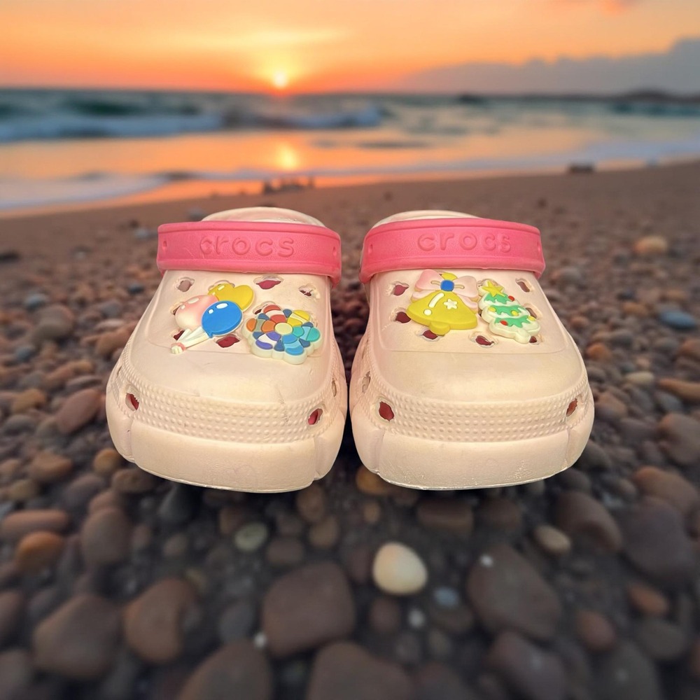 Crocs Classic Platform Clogs Youth Size 10 EU 27 Tan Pink Jibbitz Used